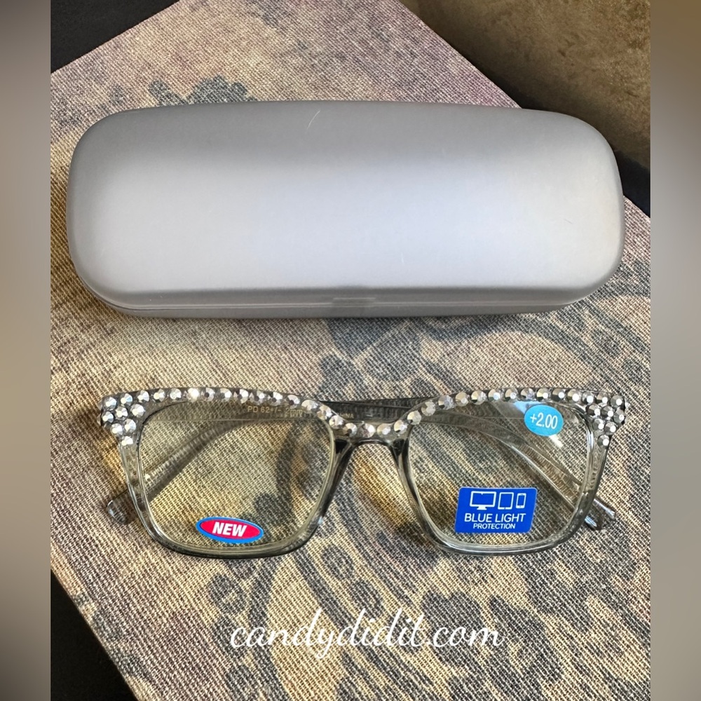 NWT Stylish Silver Twinkle Translucent Gray Blue Light Bling Reader Glasses 2.00